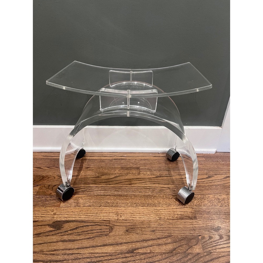 VTG Lucite Acrylic Vanity Stool Rolling Chair Arched Winged Base Chrome Casters